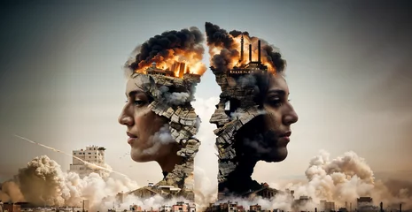 Foto op Plexiglas War in the Middle East, symbolic image of the Israel Palestine conflict, anti-war image showing the split of human nations driven by hatred towards each other, collapse of civilization caused by rage ©  DigitalMerchant
