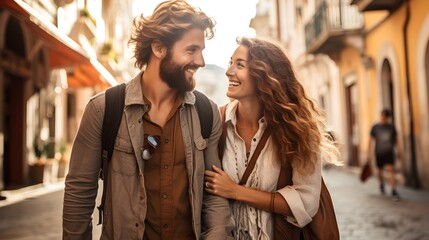 Obraz premium Romantic Couple Hiking in European Mountains at Sunset - Candid Closeup Photo