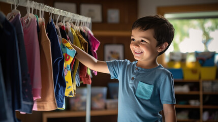 Little boy picks out clothes for kindergarten or school at his home