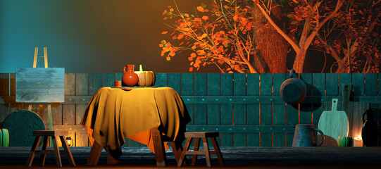 Halloween party background with pumpkin on a table, wooden fence and decorations. 3D render illustration.