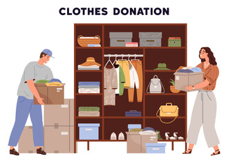 Clothes donation. Vector illustration. Donating unused clothes is act generosity The clothes donation metaphor represents giving and helping others Giving clothes to charity supports those in need