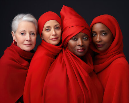 Portrait of diverse elderly women in red clothes