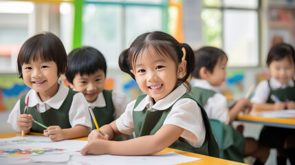 Group of little preschoolers sits at a desk in background of class