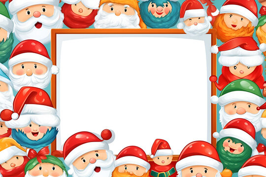 Colorful decorative illustrations of Santa Claus around the picture photo frame for kids, boys, girls and family photos from New Years or Christmas. Vibrant multi-colored design element. Isolated