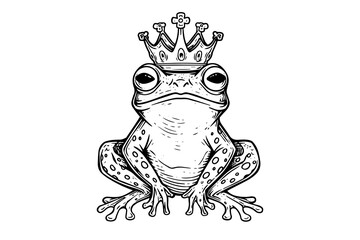 Princess frog in crown hand drawn ink sketch. Engraved style vector illustration - obrazy, fototapety, plakaty