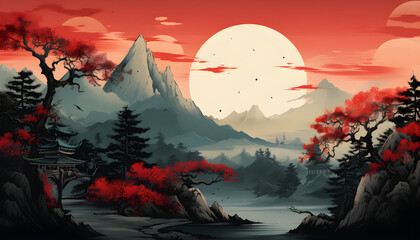 Serene Beauty, Vibrant Japanese Ukiyo-e Landscape Painting with Red Sun