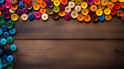 several vintage plastic buttons on aged wooden boards with copy space.