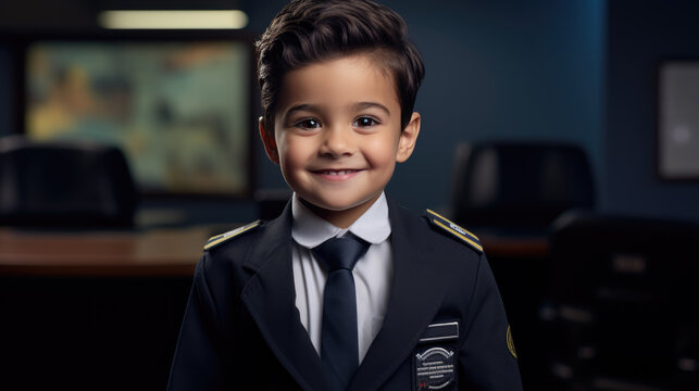 A little boy pretends to be an airplane pilot. The concept of children in adulthood. - Powered by Adobe
