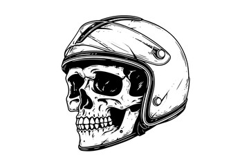 Skull in a motorcycle helmet hand drawn ink sketch. Engraved style vector illustration
