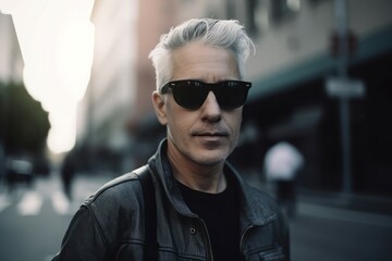 Stylish man with hairdo and sunglasses. Confident man walking on urban street. Generate ai