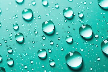 Macro oil drop floating on water surface. Abstract green water bubbles background. Cosmetic liquid beauty product. Colorful artistic backdrop