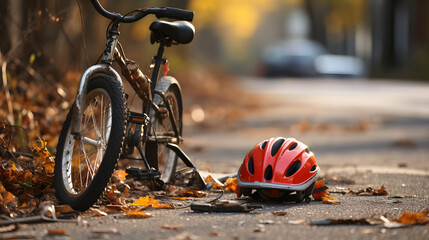 Kid's bicycle and fallen helmet on sidewalk