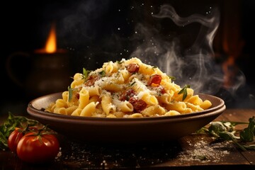 Italian pasta dish with cheese served on atmospheric background. Generative AI - obrazy, fototapety, plakaty