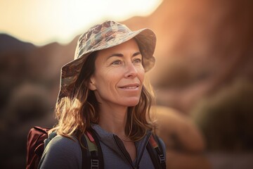 Woman mountain hiker. Female tourist on mountain vacation trip. Generate ai - obrazy, fototapety, plakaty