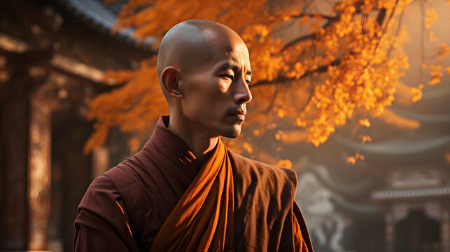 Monk in thoughtful profile against peaceful monastery setting