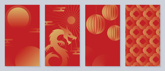 Happy Chinese New Year cover background vector. Year of the dragon design with golden dragon, Chinese lantern, coin, cloud, sun. Elegant oriental illustration for cover, banner, website, calendar.