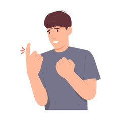 Man has a problem with his hand. Feeling of numbness in the trigger finger. Finger stuck from working at computer office syndrome. Flat vector illustration