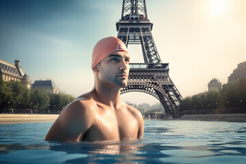 An Olympic athlete swims in a pool with the Eiffel Tower. Concept of the Paris 2024 Olympic Games - obrazy, fototapety, plakaty
