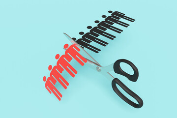 Scissors cutting a paper craft of a row of human shaped outline on blue background. Illustration of the concept of layoff and downsizing of staff