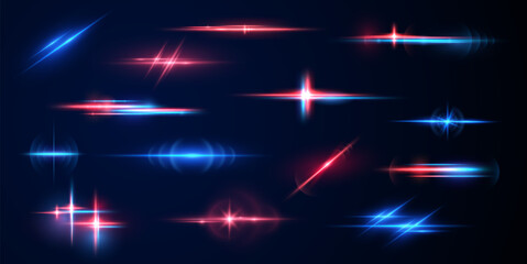 Realistic light reflections, neon illumination in red and blue colors. Bright light lens. Police light effects, lines. Shiny stars, glowing sparks on a black background. Vector