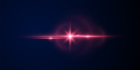 Realistic light reflections, neon illumination in red and blue colors. Bright light lens. Police light effects, lines. Shiny stars, glowing sparks on a black background. Vector