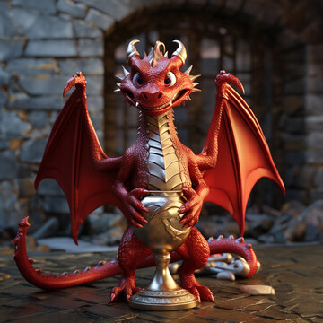 A 3D red dragon fiercely guarding its treasure with immense power, bathed in radiant light against a blurred vintage backdrop.
