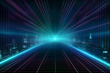 Synthwave vaporwave retrowave cyber background with copy space, laser grid, starry sky, blue and purple glows with smoke and particles, Design for poster, cover, wallpaper, web, banner, etc