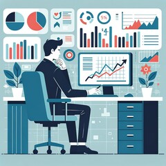Professional Man at Desk with Upward-Trending Graph and Data Charts

