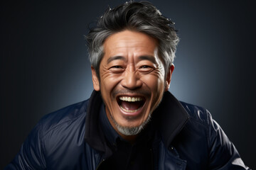 Retrato de hombre asiático maduro sonriente y extrovertido sobre un fondo neutro. Copy space. 