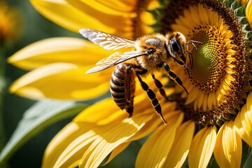 Makroaufnahme einer Honigbiene, die Nektar von einer blühenden Sonnenblume sammelt. - obrazy, fototapety, plakaty