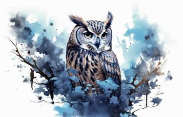 Watercolor painting of an owl in forest on white background.