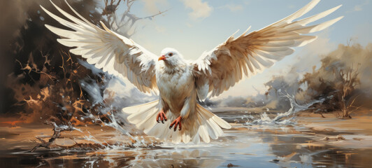 A white eagle flies over the water in search of food. 3d render