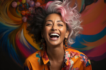 Mujer de mediana edad sonriente y divertida frente a un fondo colorido. Empoderamiento