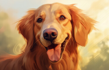 Portrait of a golden retriever dog in motion. Watercolor painting.