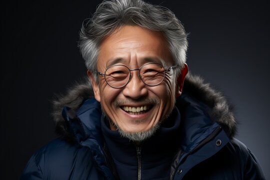 Retrato de hombre asi&aacute;tico maduro sonriente y extrovertido sobre un fondo neutro. Copy space. 