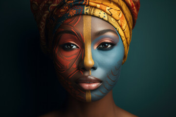 Retrato de mujer africana con maquillaje tradicional de su cultura. 