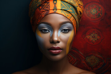 Retrato de mujer africana con maquillaje tradicional de su cultura.  - obrazy, fototapety, plakaty