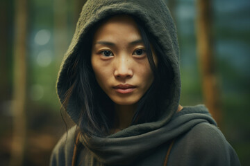 Retrato de chica joven asiática con fuerza en su mirada. Supervivencia.  - obrazy, fototapety, plakaty