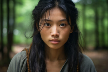 Retrato de chica joven asiática con fuerza en su mirada. Supervivencia. 