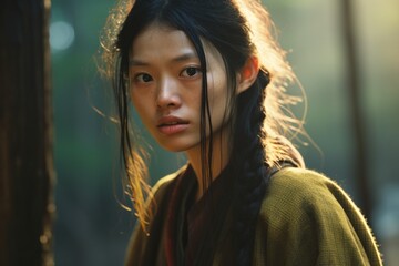 Retrato de chica joven asiática con fuerza en su mirada. Supervivencia.  - obrazy, fototapety, plakaty