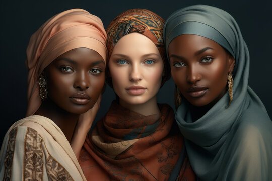 Retrato de tres mujeres de diferentes etnias. Concepto multietnia.