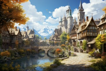 Fototapeta premium Fantasy drawing of a medieval town.