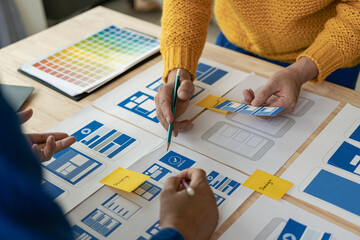 A team of web designers with the ux ui system are writing programs and layers to customize the...