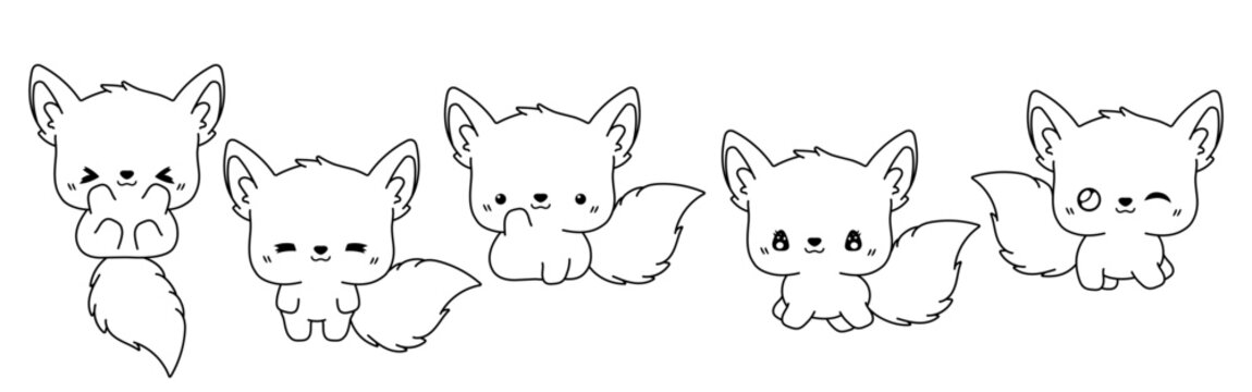 Set of Kawaii Isolated Fox Coloring Page. Collection of Cute Vector Cartoon Animal Outline