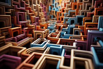  high angle of wooden maze with colorful narrow paths in blue and red with yellow colors,Ai generative