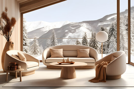 Scandinavian Minimalist Home Interior Design Of Modern Living RoomRound Wooden Coffee Table Near Beige Sofa And Armchair Against Floor To Ceiling Panoramic Window With Winter Mountain View.