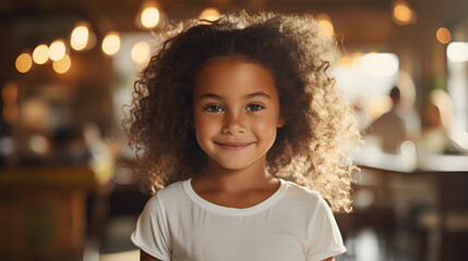 Detalles que encantan: Niña  latina bajo la luz del sol con cabello rizado y luz natural sonriente - obrazy, fototapety, plakaty
