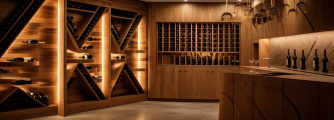 Elegant Wine Cellar with Wooden Furnishings and Wine Bottles
