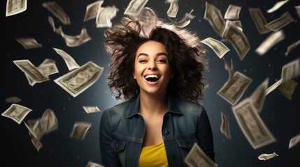 Attractive young woman stands under money fly rain. - obrazy, fototapety, plakaty