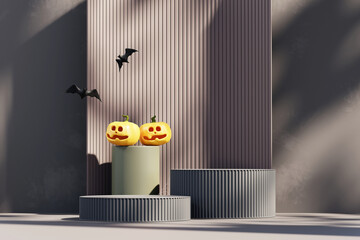 Halloween pumpkin lantern and product display podium 3D rendering